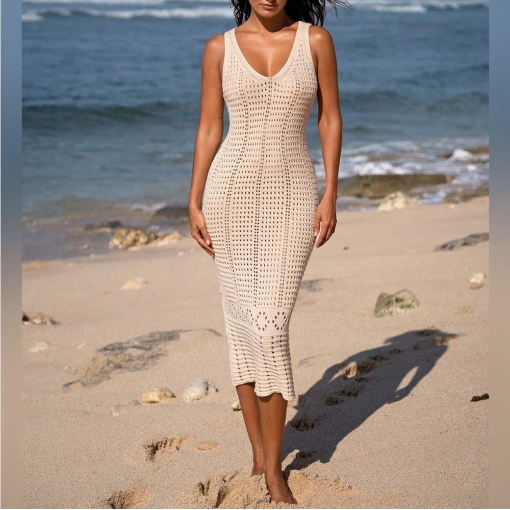 BERLOOK Apricot Crochet V-Neck Knit Swim Coverup NWT
